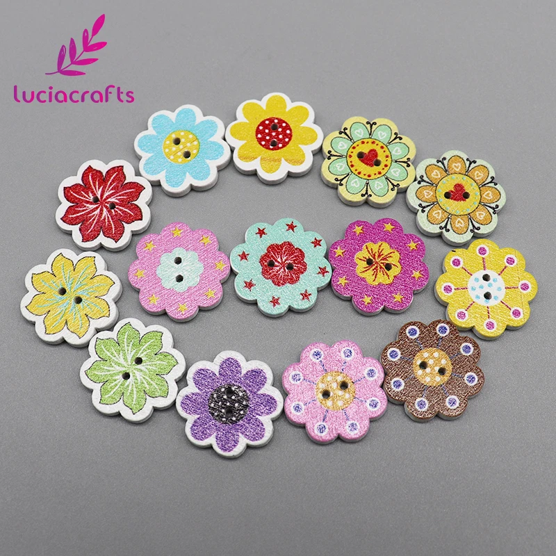 Lucia craft 50 шт./лот 2 см деревянные пуговицы смешанные цветы DIY пуговица из натурального дерева 2-отверстия скрапбук Швейные аксессуары E0233