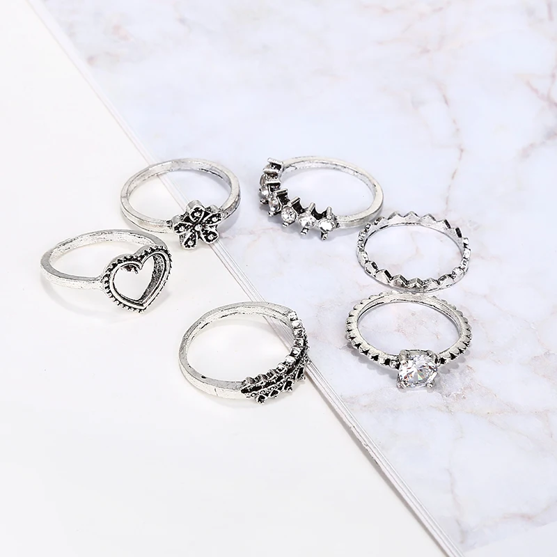 YAOLOGE Vintage Heart Flower Crown Shape Rings Sets for Women Girls Bohemian Carving Crystal Midi Knuckle 6 pcs/Sets | Украшения и