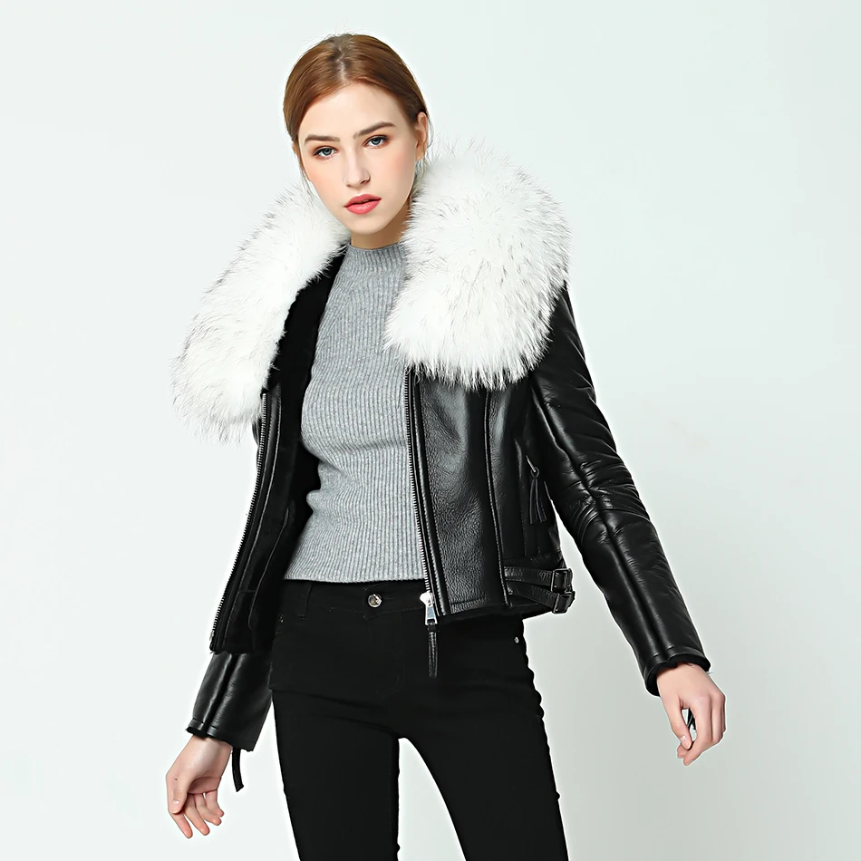 OFTBUY, новинка, зимняя куртка, пальто для женщин, Натуральная овечья кожа, кожаная куртка, двусторонний мех с мехом енота, меховой воротник, шерстяная подкладка