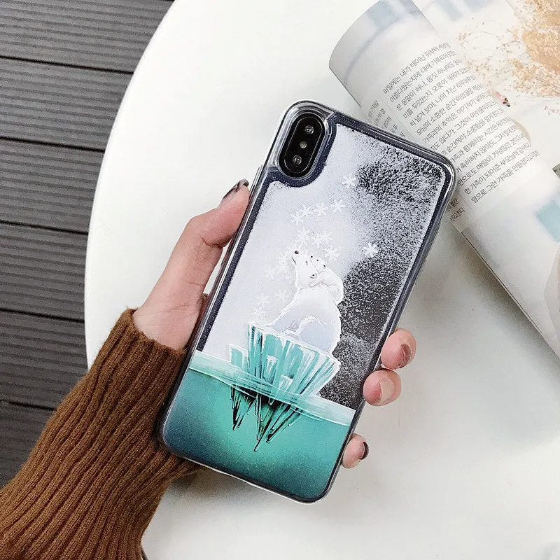 Чехол со снежинками для iPhone XS MAX XR X 8 7 Plus Мягкий ТПУ зыбучий песок Glliter Funda 6 S Polar Bear