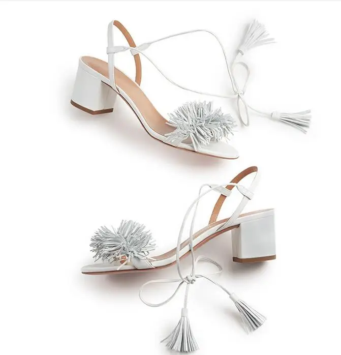 

Hot Selling White Tassel Low Heels Women Sandals Ankle Strap Lace-up Block Heels Summer Fringe Sandals Shoes Plus Size 10