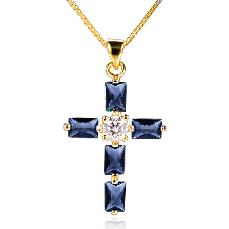 

MOONROCY Gold Color CZ Blue Crystal Pendant Necklace Cross Chokers for Women Girls Dropshipping for Women Girls Jewelry Gift