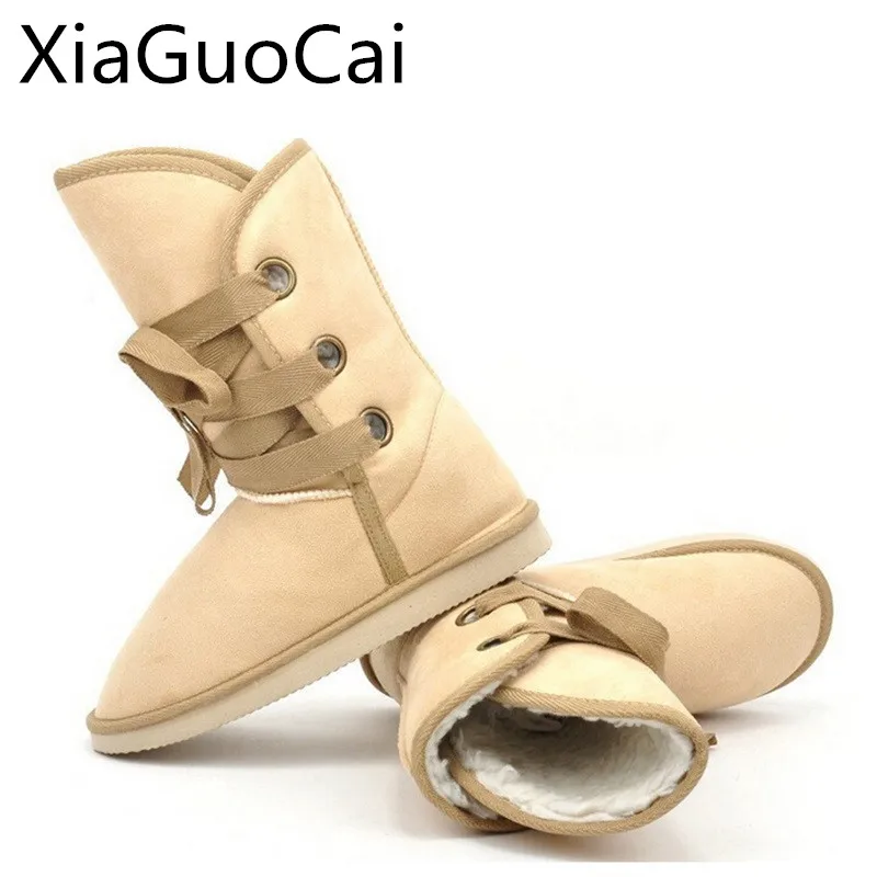 Женские ботильоны на меху XiaGuoCai бежевые Теплые шнуровке водонепроницаемые