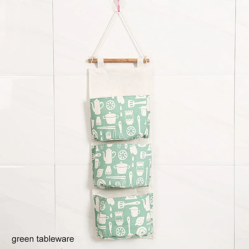 green tableware Шкаф подвесные сумки настенные хлопковые льняные Висячие Сумки для хранения 3 кармана Фламинго узор настенные косметические игрушки Органайзер - Цвет: green tableware