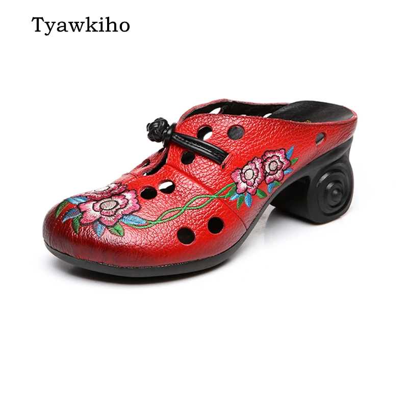 Tyawkiho/женские кожаные тапочки Сандалии с вышивкой Открытые туфли на высоком