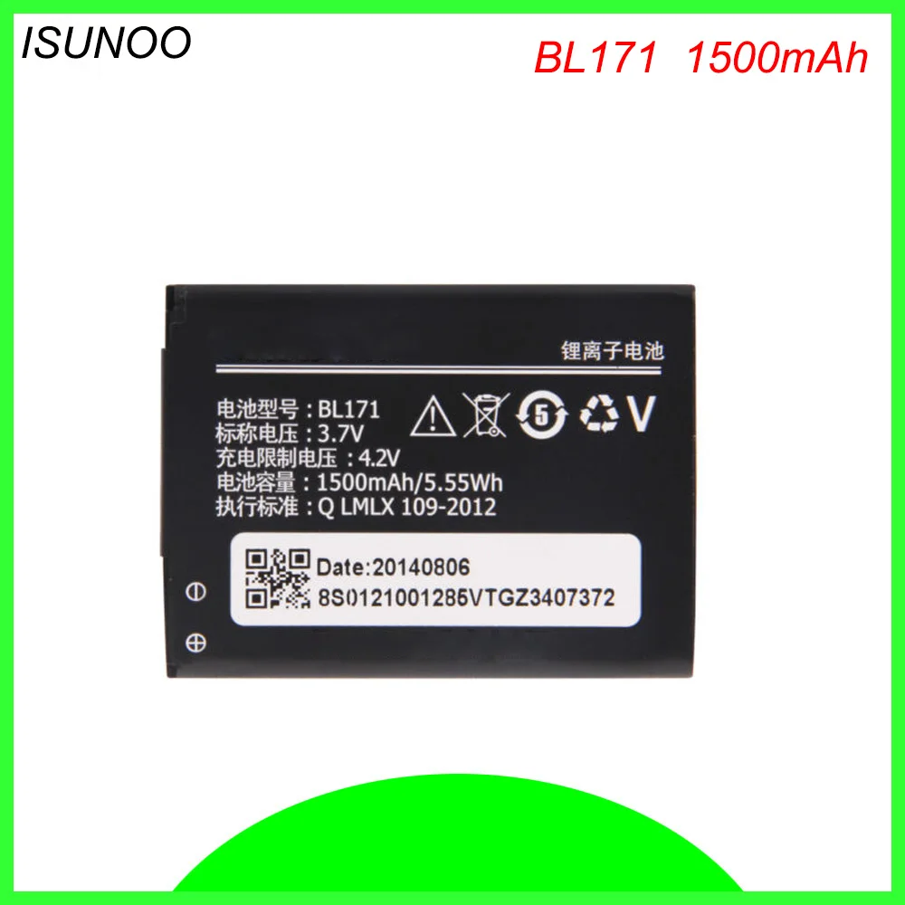 Аккумулятор ISUNOO BL171 для Lenovo A319 A65 A60 A500 A368 A390 A390T A356 A370E BL-171, 1500 мАч