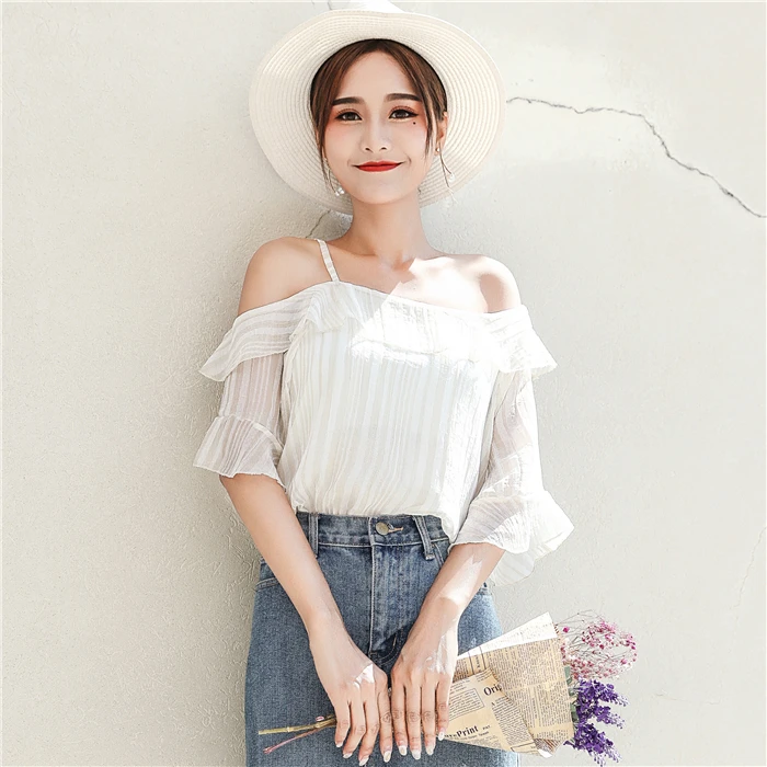 Женская шифоновая блузка с коротким рукавом вырезом лодочкой|Блузки| |