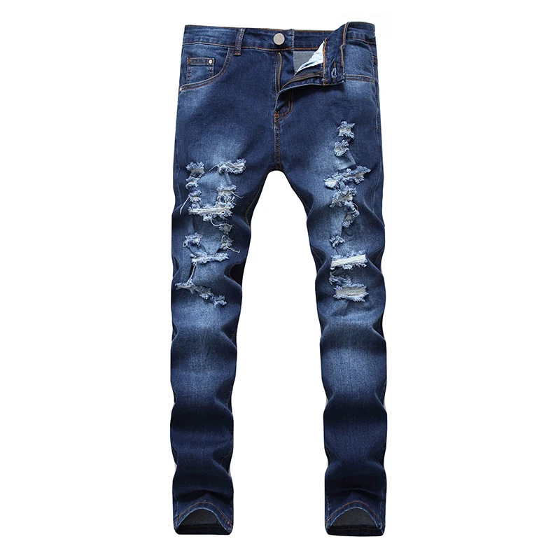 blue Мужские повседневные джинсы HMILY, Классический прямой крой, джинсы с порванными коленями, мужские мотоциклетные байкерские джинсы, брюки в стиле хип-хоп - Цвет: blue