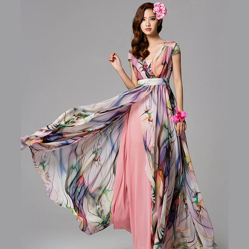 Женское Макси-платье длинное облегающее платье с цветочным принтом завышенной