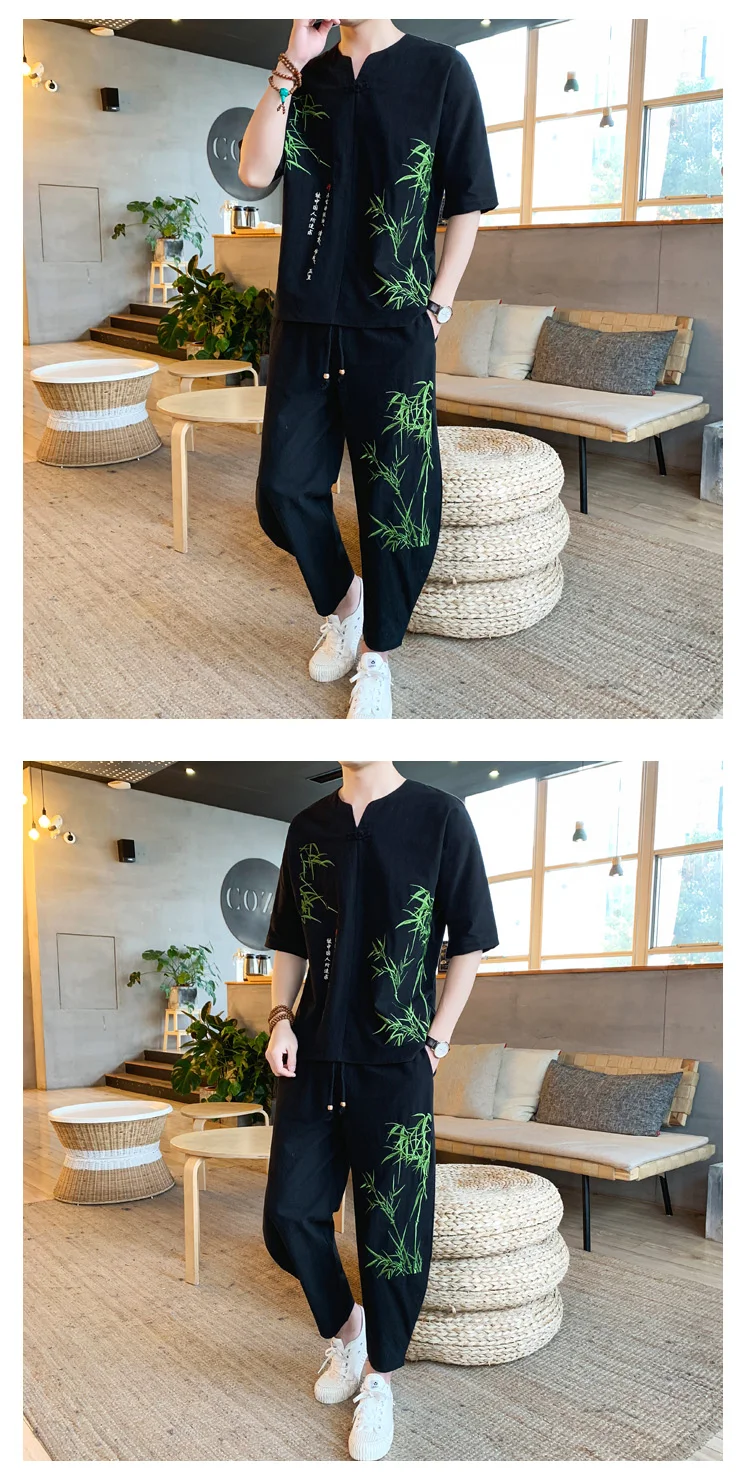 Sinicism Store бамбуковый спортивный костюм с вышивкой для мужчин мужские летние льняные спортивные костюмы мужские уличные китайские винтажные комплекты из 2 предметов