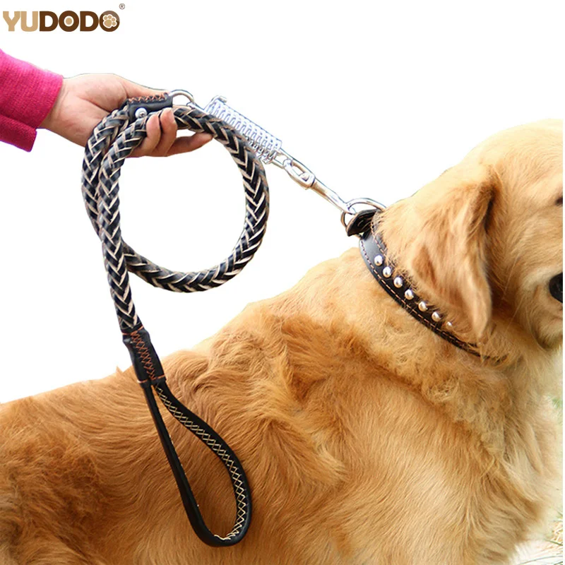 

120cm Leather Braided Dog Leash Black Padded Handle Pet Walking Running Leads with Spring Buffer for Medium Large Dogs Labrador