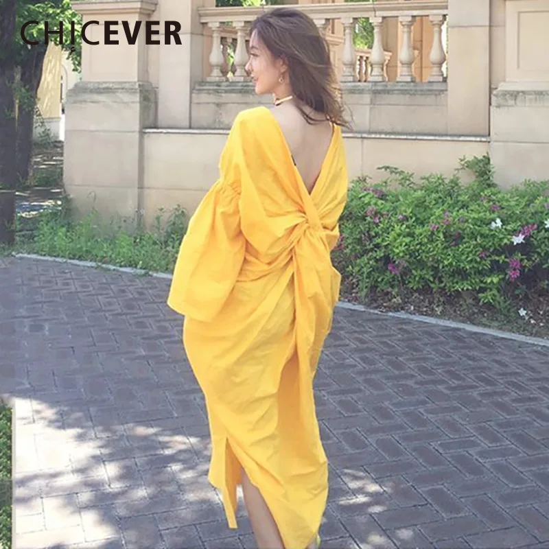 Женское платье с открытой спиной CHICEVER клетчатое расклешенным рукавом разрезом и