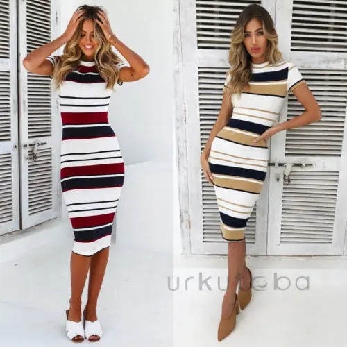 Летнее женское Повседневное платье 2018 Новое модное Полосатое с круглым вырезом и
