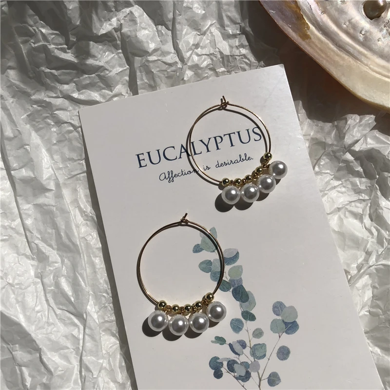 Дизайнерские Большие круглые золотые серьги кольца с жемчужными бусинами для