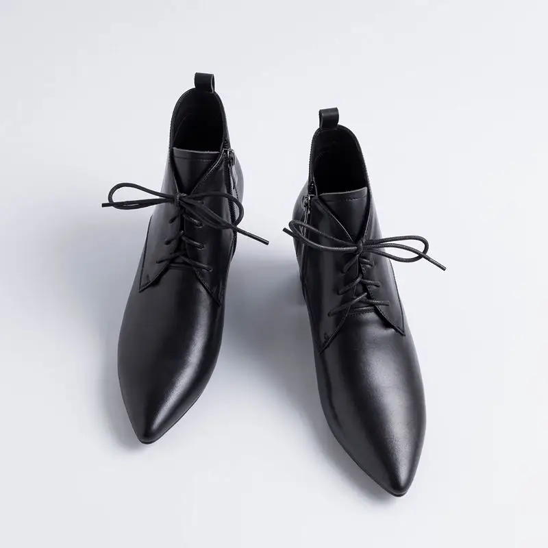 ALLBITEFO fashion retro genuine leather pointed toe high heels women boots ankle boots for women leather boots girls shoes