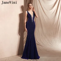 janevini mermaid sparkling long evening dresses 2019 sexy deep v neck beaded evening party women formal gowns vestido comprido