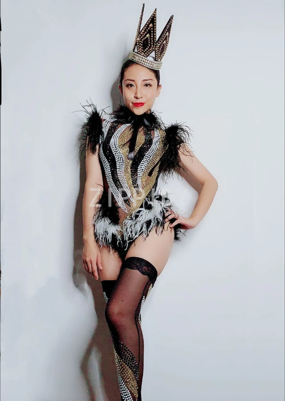 Fashion 2019 Sparkly Rhinestones Black White Feather Mesh Bodysuit Leggings Nightclub Women Dance Performance Outfit  Wear