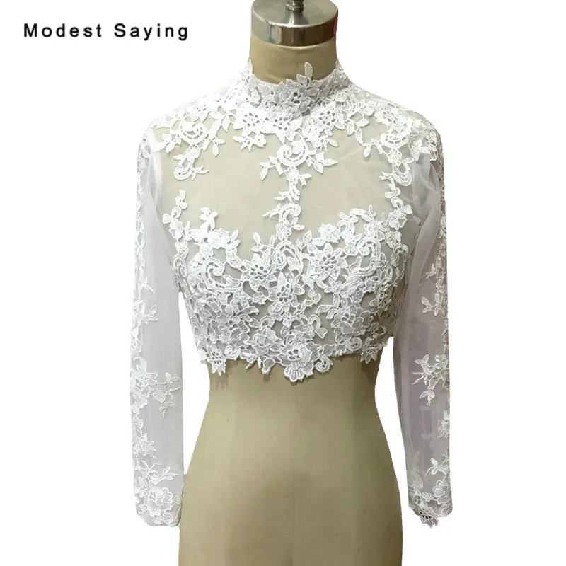 Элегантное белое кружевное свадебное платье с высоким воротником и длинными