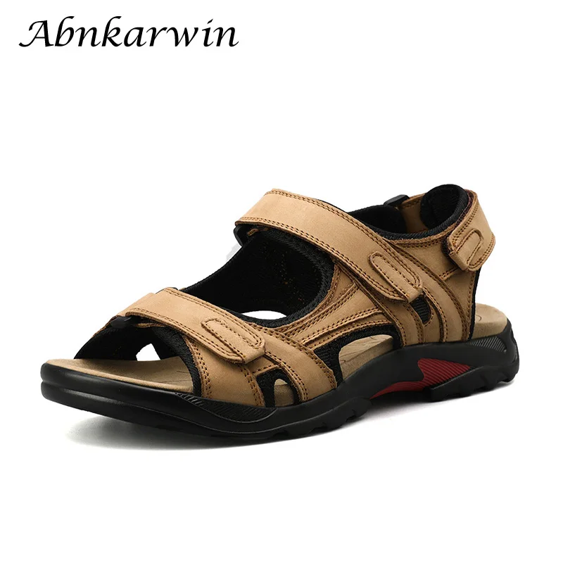 

2019 Fashion Men Leather Sandals Genuine Leather Summer Fashion Outdoor Sandals Rubber Soles Trekking Shoes Casual Size 47 48