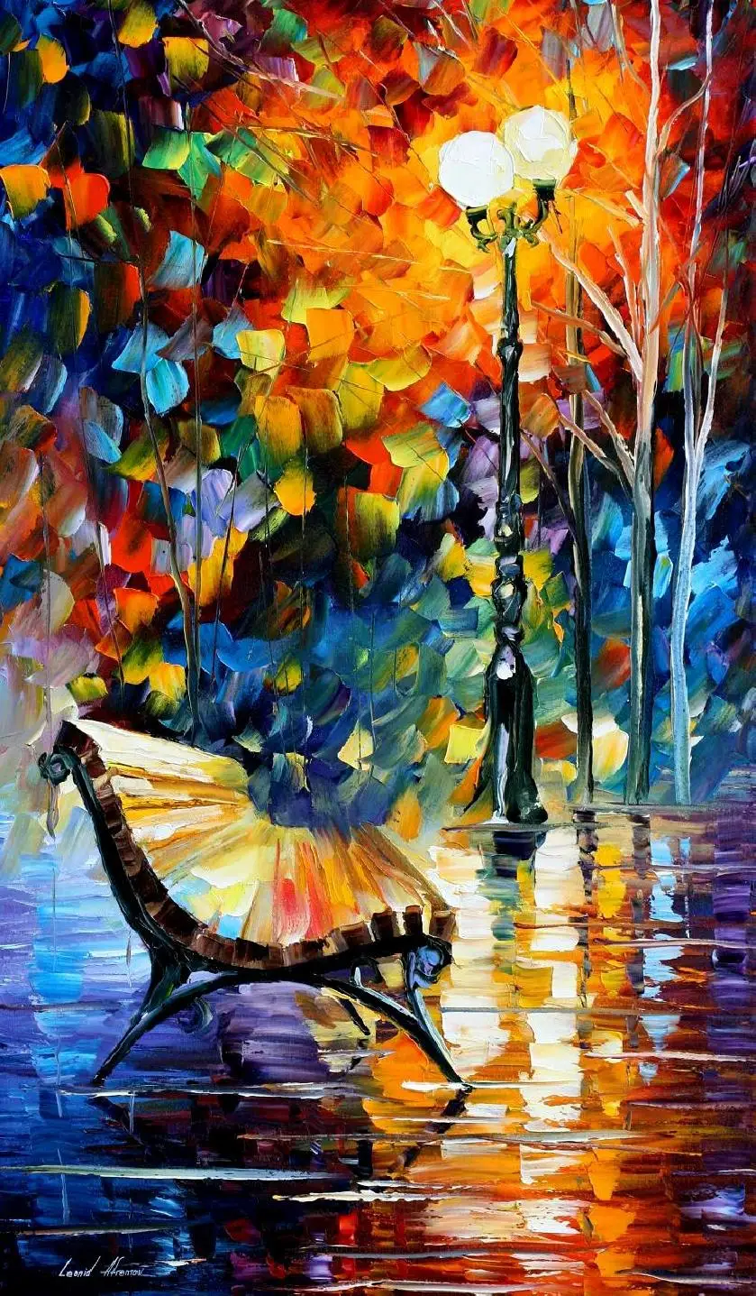

Wall Art Landscape painting lonely bench Colorful oil paintings Canvas High quality Hand painted City picture for Home Decor