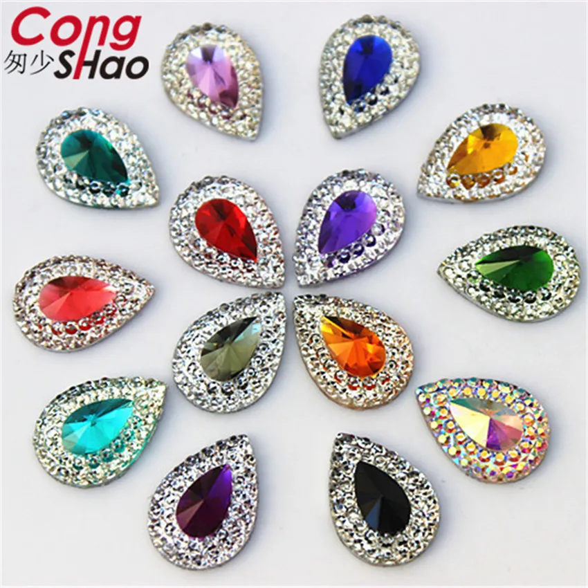 

Cong Shao 200pcs 10*14mm Colorful Drop Flatback stones and crystals Resin Rhinestone trim costume Button DIY Decoration CS284