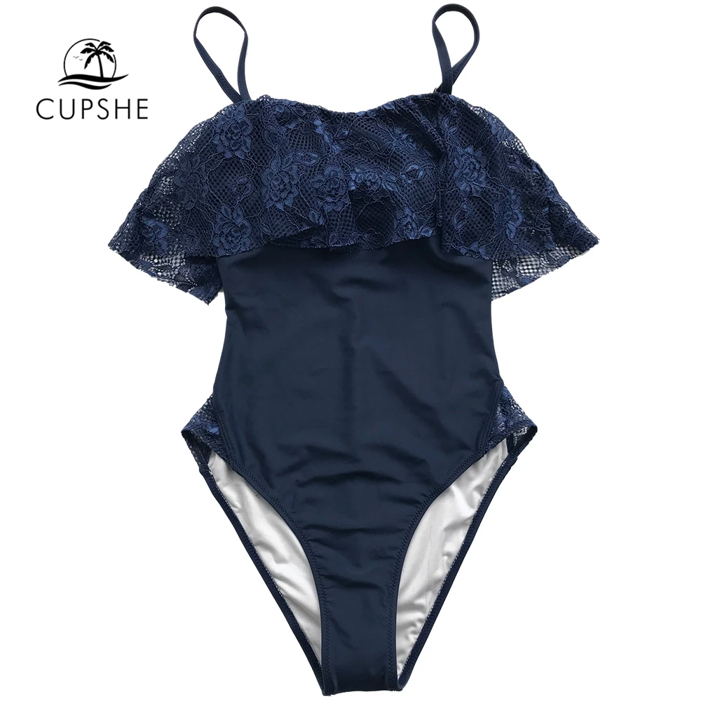 Женский слитный купальник CUPSHE темно синий кружевной с оборками и регулируемыми