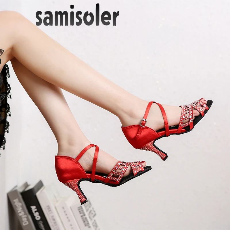 Samisoler/атласная Обувь для бальных танцев женские вечерние туфли черного цвета