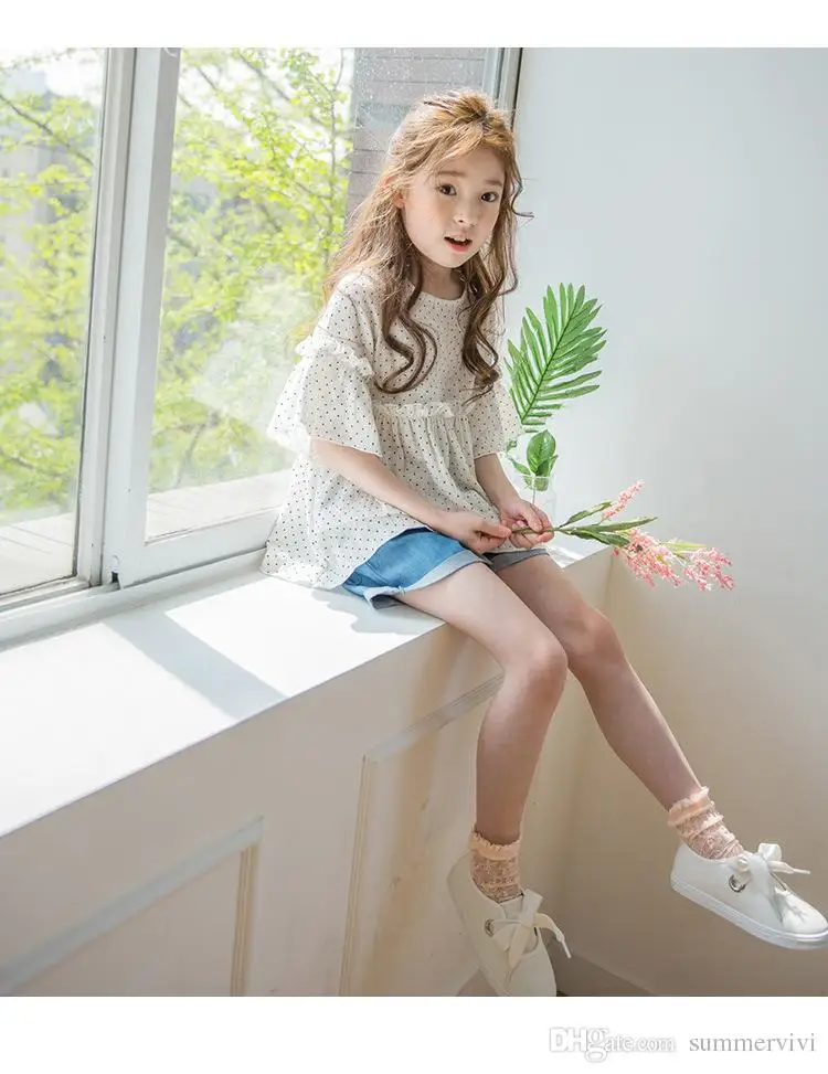 Дети Устраивает Девушки горошек печатные топы + короткие джинсовые брюки