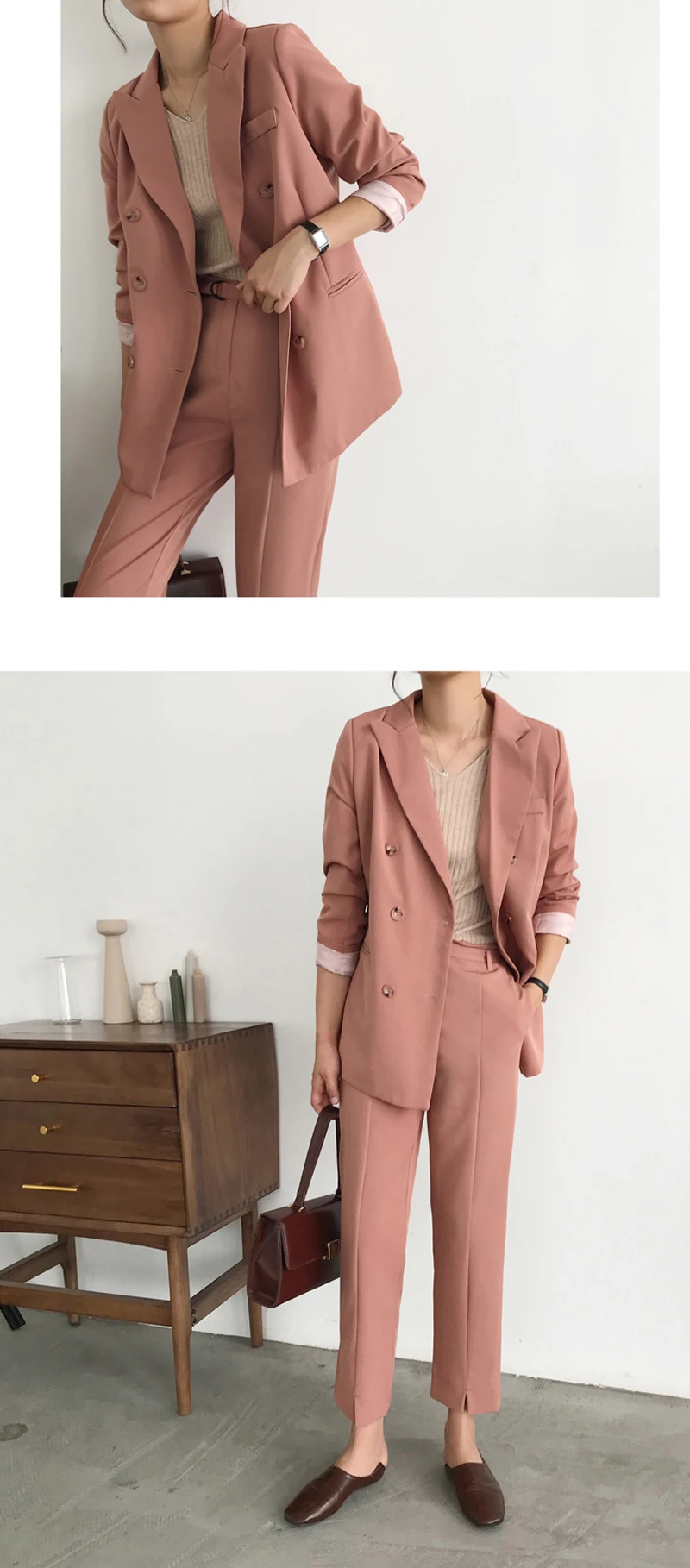 Модный комплект из 2 предметов, женские брючные костюмы, двубортный пиджак с круглым вырезом, блейзер и брюки с поясом, Женская рабочая одежда, костюмы