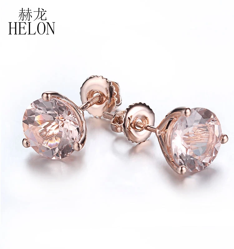 HELON 2.5ct круглая огранка морганит обручение свадебные серьги гвоздики Твердые 10 к розовое золото для женщин ювелирные украшения Изысканная серьга
