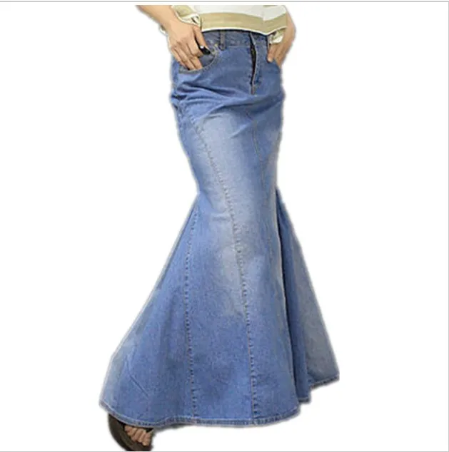 Фото Женская длинная джинсовая юбка облегающая юбка-Русалка с высокой талией