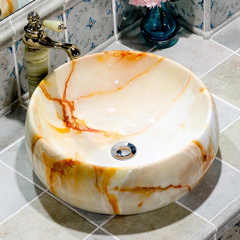 Ceramic Washbasin round Imitation Marble Ceramics European-style Simple Household Art Bathroom sink Обустройство дома