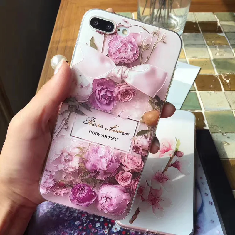Kisstop 3D рельеф персик розы чехлы для iphone 6S 6 7 8 плюс мягкий рисунком x Капа |
