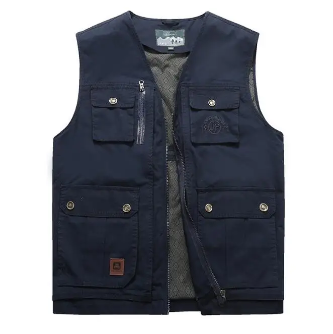 ROHOPO, плюс размер, 6xl/7xl/8xl/9xl, плюс размер, Мужской Хлопковый жилет, v-образный вырез, толщина, чистый хлопок, без рукавов, карго, карманы, куртка, Мужская - Цвет: Синий