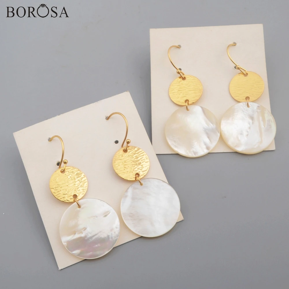 

BOROSA New Design 5/10Pairs Gold Metal Round White Shell Slice Dangle Earrings Natural Shell Drop Earring Jewelry as Gifts G1795