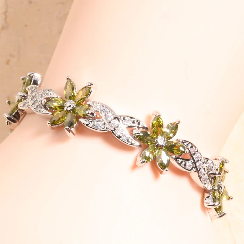 Браслет цепочка из циркония с зеленым Перидотом и серебряным покрытием 6 7 дюймов