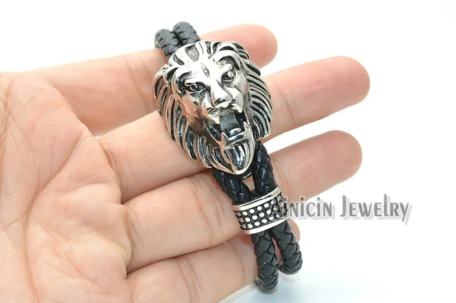Stainless Steel British Royal Lion Head Double Row Genuine Leather Bracelets Powerful Fashion Men's Bangle Gift 5pcs/lot | Украшения и