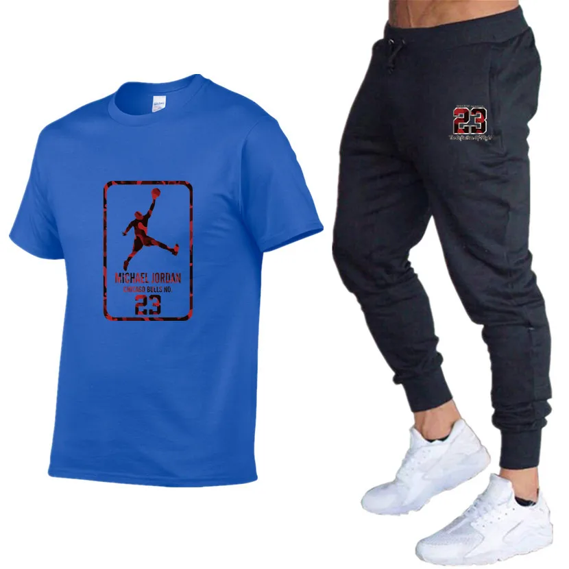 Качественные Брендовые мужские комплекты Jordan 23 футболки+ брюки Мужская брендовая одежда костюм из двух предметов спортивный костюм футболки спортивные залы тренировка набор для фитнеса - Цвет: Royal blue 78