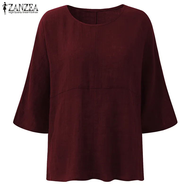 

ZANZEA 2021 Women Vintage Crew Neck 3/4 Sleeve Cotton Linen Baggy Blouse Autumn Casual Loose Solid Shirts Oversized Tops Blusas