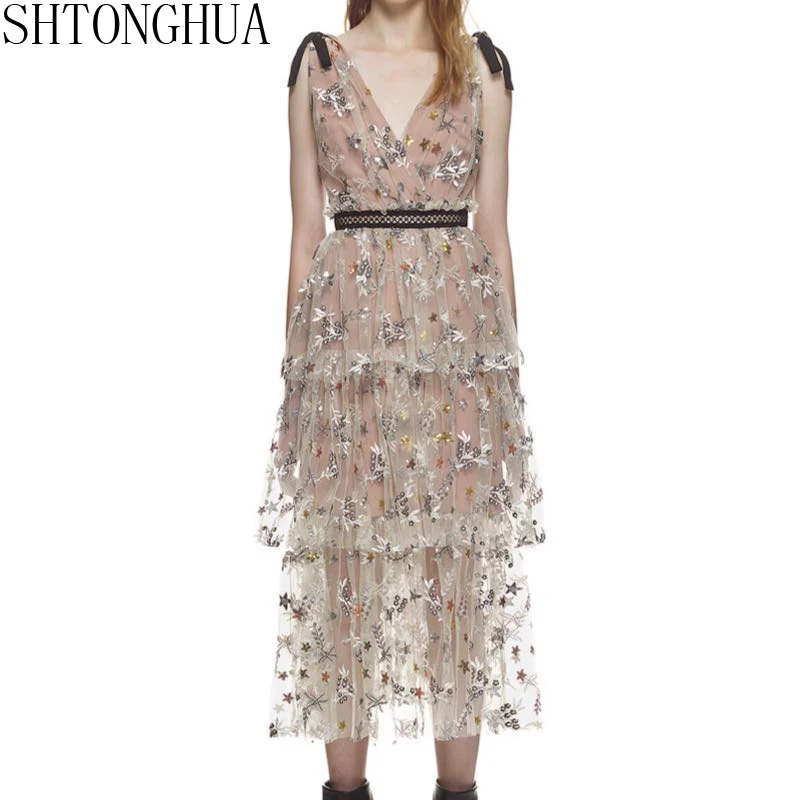 Женское Сетчатое платье SHTONGHUA длинное с глубоким V-образным вырезом открытой