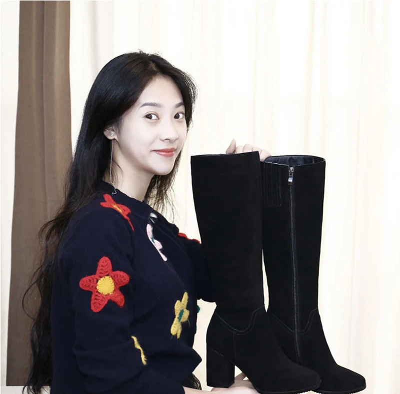 High Heel Shoes Brand Women Winter Boots Genuine Leather Knee Long Luxury Riding Chunky Autumn Equestrian Round Toe Suede