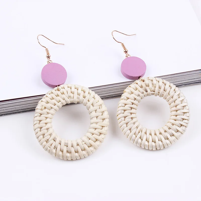 Rattan Drop Earrings Korean Round Pink Women Long Dangle Earring Fashion Pendientes Mujer Moda Trendy Jewelry Kolczyki | Украшения и