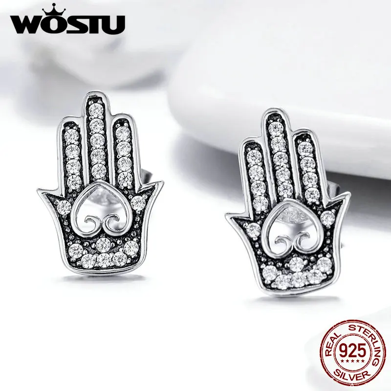WOSTU 100% стерлингового серебра 925 Фатима Хамса рука сердце серьги гвоздики для