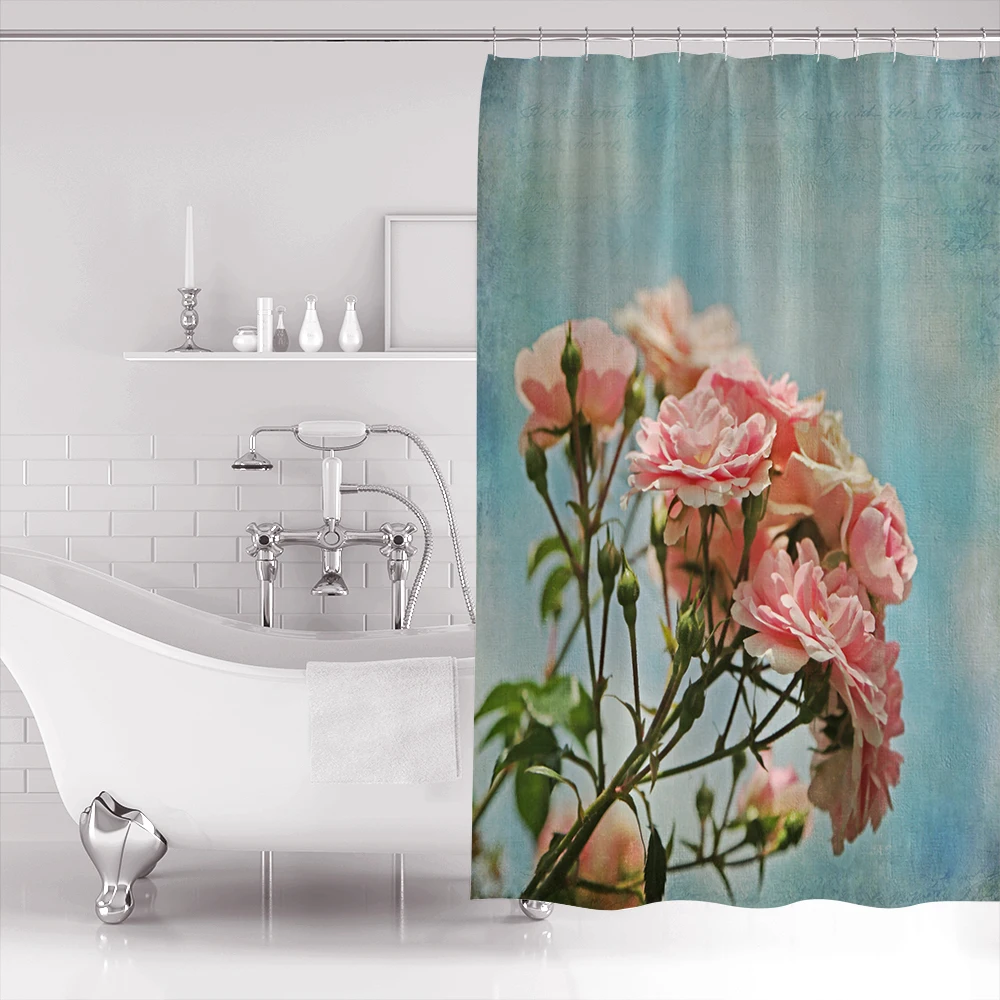 Винтажная розовая роза в пастельном синем небе очень длинная ткань для ванной