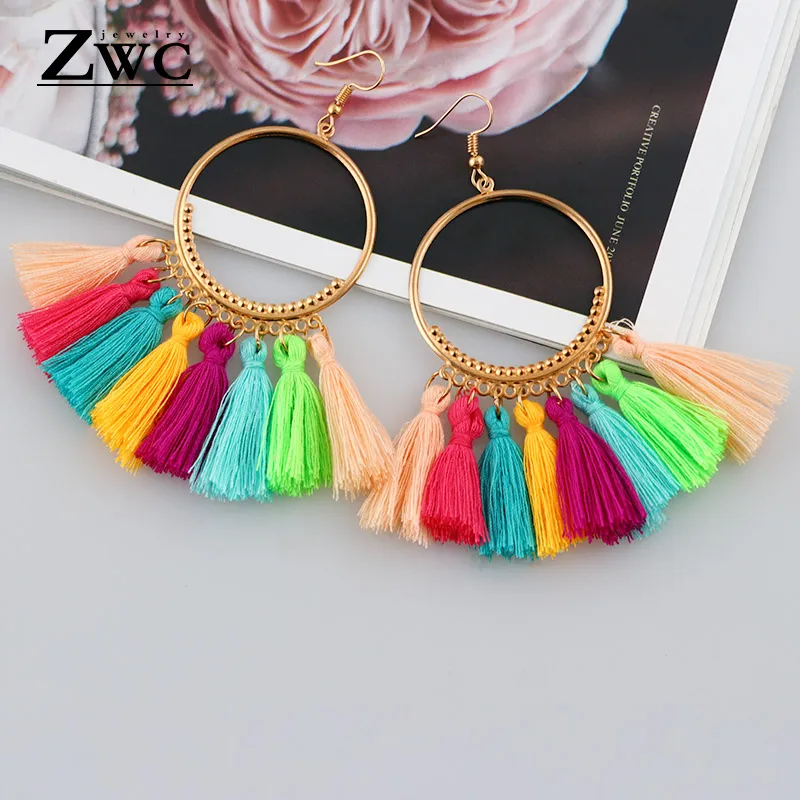Multicolor 1 ZWC богемные массивные круглые большие серьги с кисточками для женщин, национальные красные черные винтажные длинные серьги ручной работы с бахромой, ювелирные изделия - Metal Color: Multicolor 1