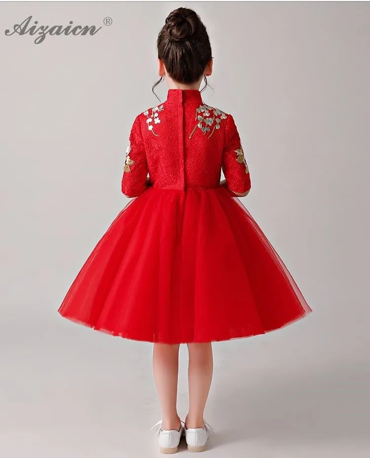 Детская одежда Cheongsam детское платье кружевное платье Ципао красного цвета принцесс вечерние платья с вышивкой в китайском одежда на год Qi Pao