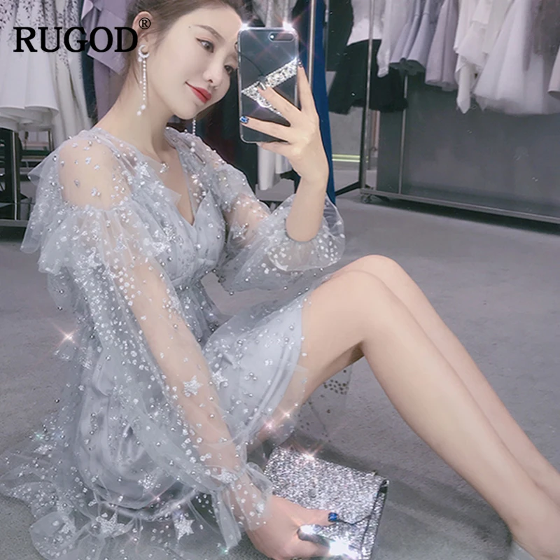 RUGOD/элегантные вечерние платья с прозрачными рукавами украшенные блестками