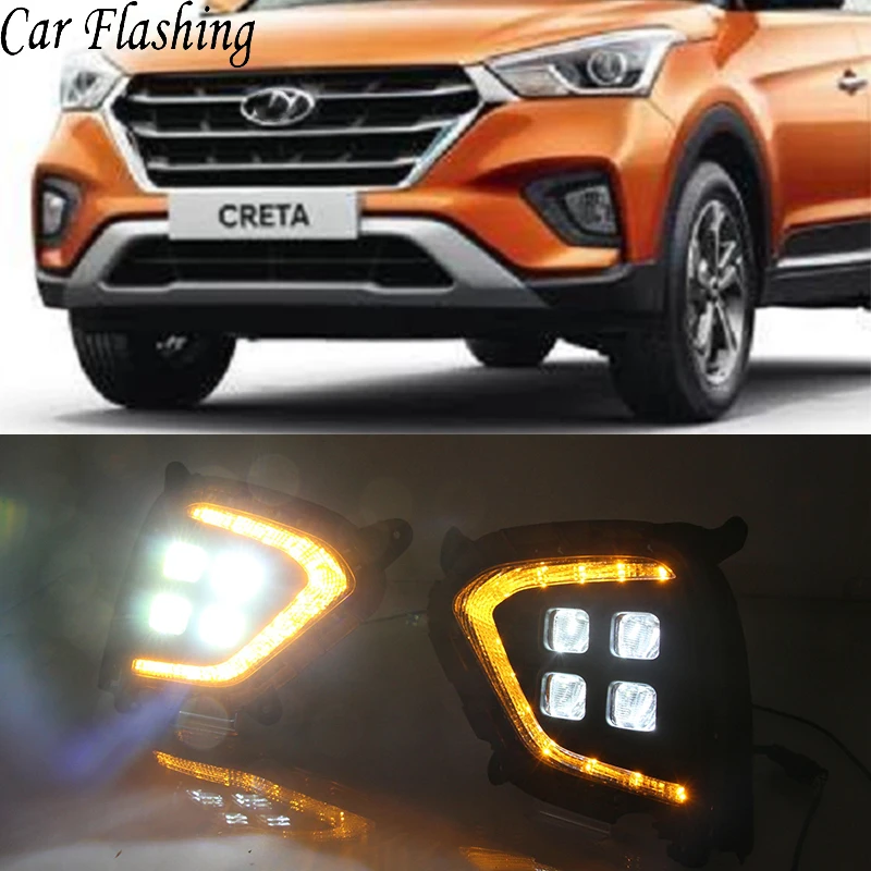 Автомобильный мигающий DRL для hyundai Creta IX25 Светодиодный дневной ходовой светильник, противотуманная фара индийской версии с желтым сигналом