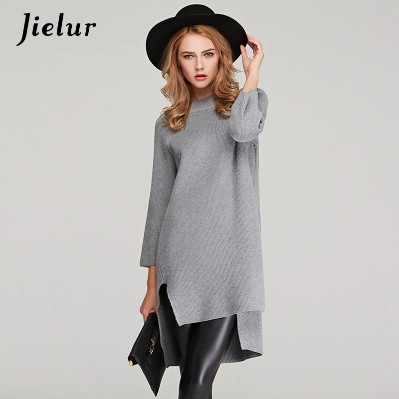 Jielur New Winter Long Sweater Loose Europe Solid Color Irregular Pullovers Three Quarter Sleeve Top Female Warm Woman Sweaters | Женская