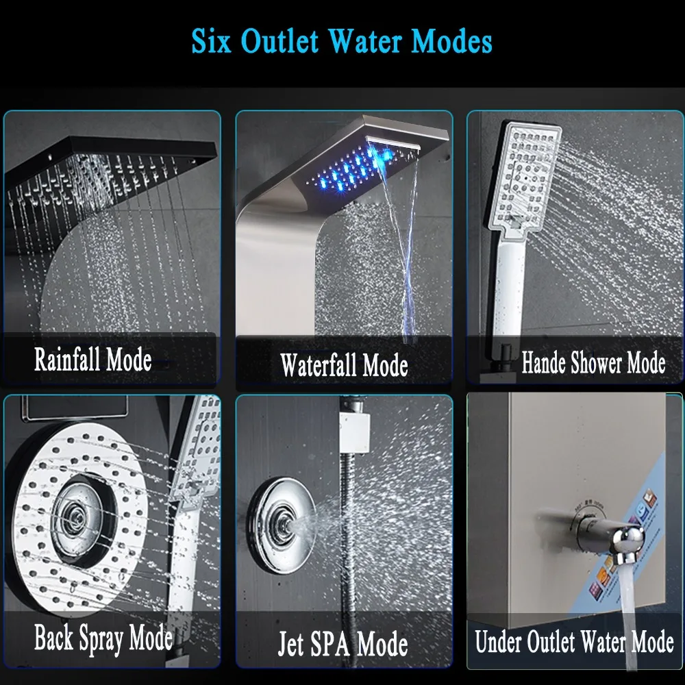 Brushed Nickel Thermostatic Shower Panel Column LED rain waterfall Shower Faucet 4 Massage jets with Tub Spout and Hand Shower